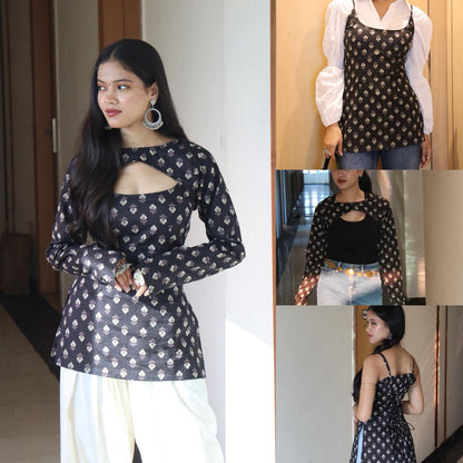 Women`s Black Printed Keyhole Neck Short Kurti