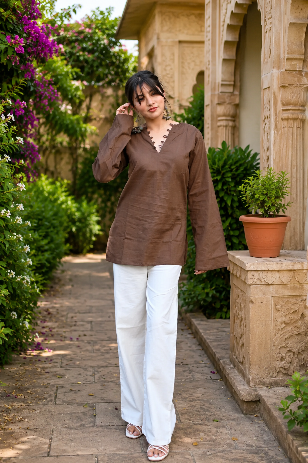 Elegant Brown V-Neck Casual Cotton Short Kurti