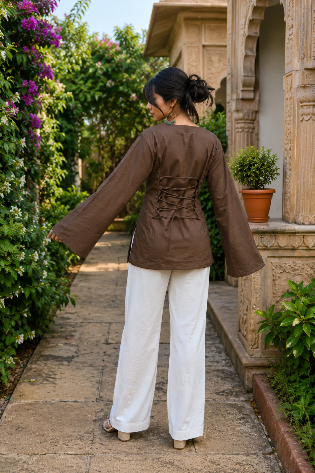 Elegant Brown V-Neck Casual Cotton Short Kurti