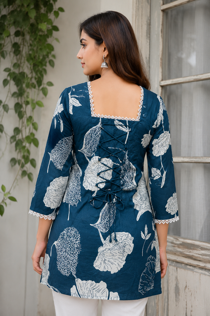 Women`s Blue Botanical Print Square Neck Short Kurti