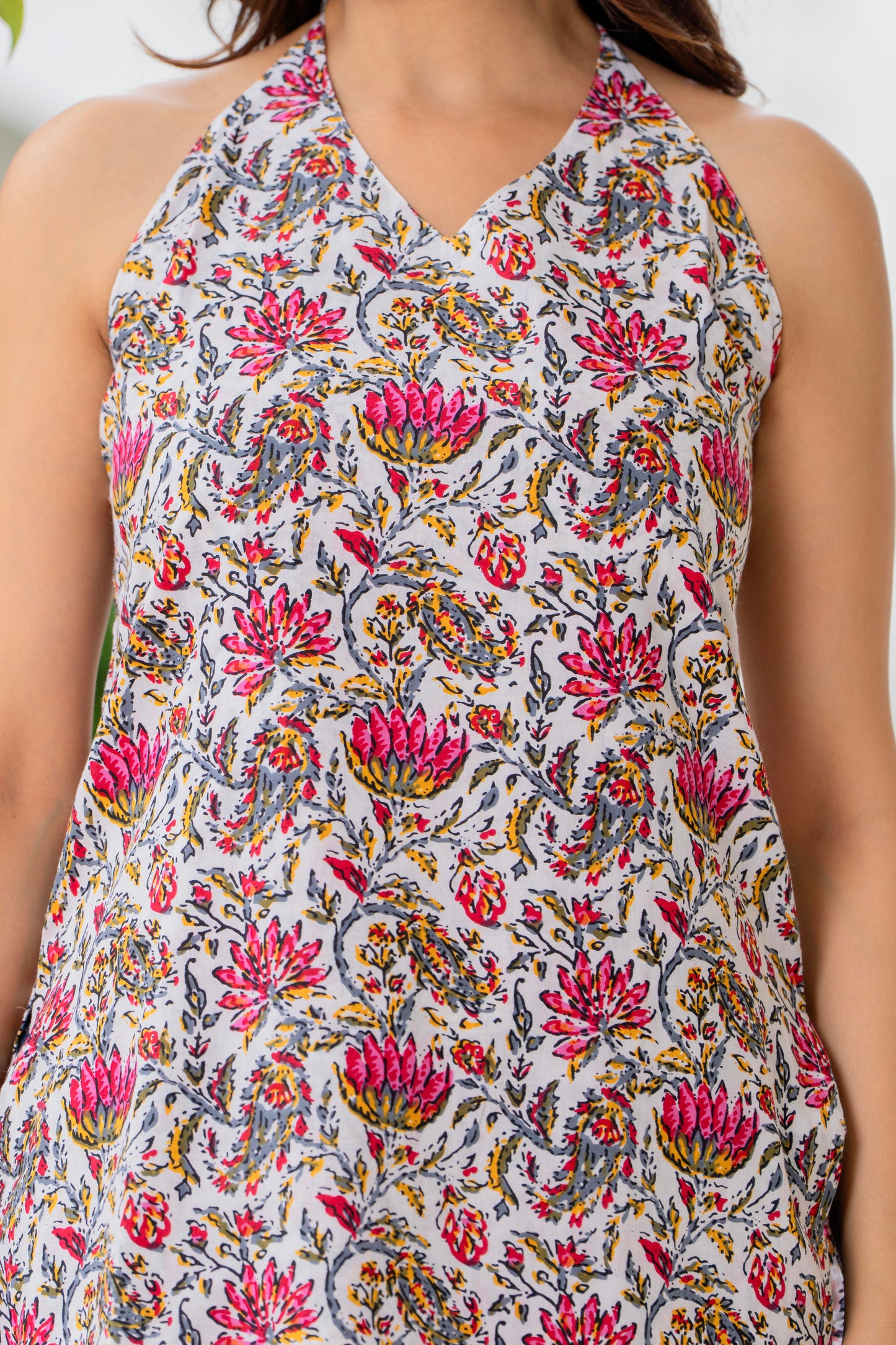 Women`s White Floral Print Hatler Neck Short Kurti with Lace-Up Back
