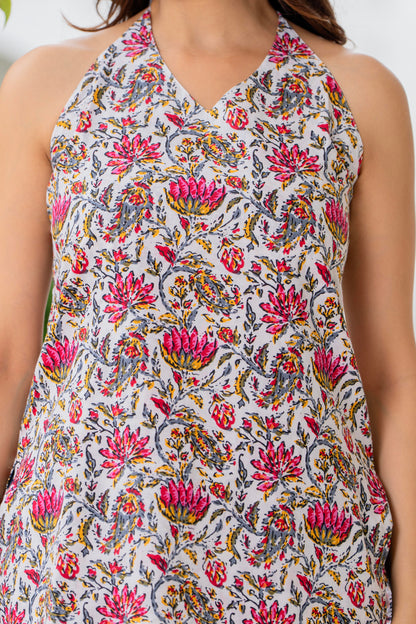 Women`s White Floral Print Hatler Neck Short Kurti with Lace-Up Back